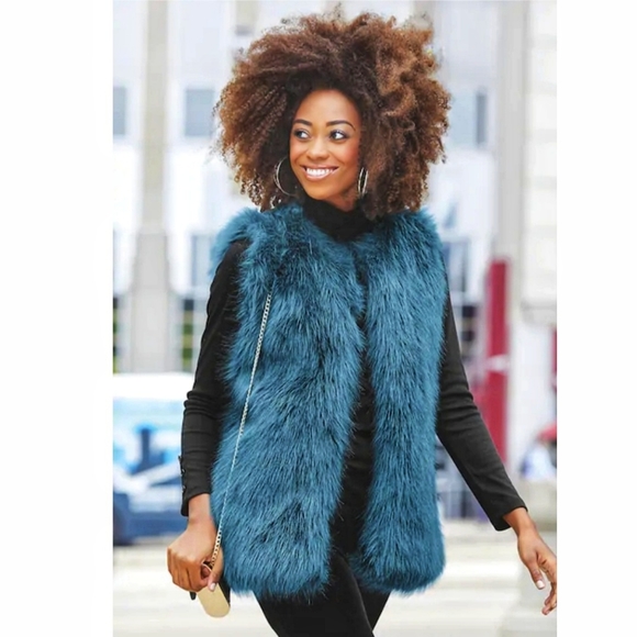 Iman Teal Color Faux Fur Vest 